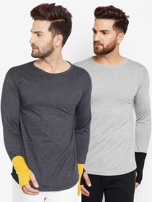 grey solid thumbhole t-shirts combo - 17300670 - Standard Image - 1