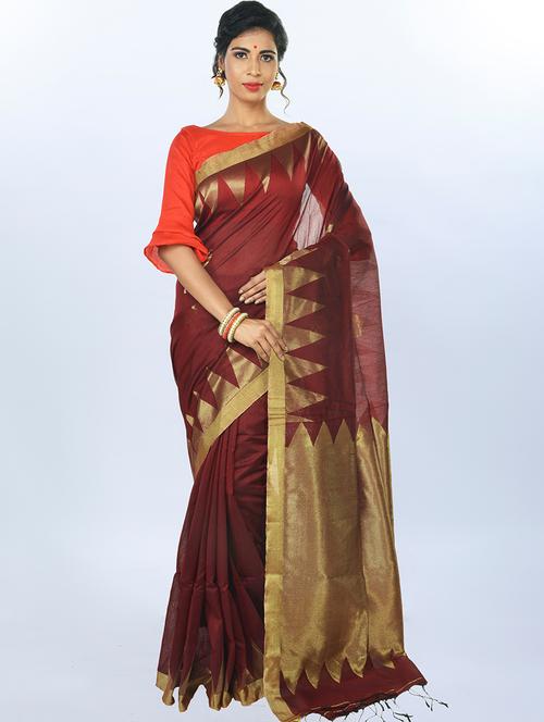 maroon cotton blend handloom saree with blouse - 17326723 - Standard Image - 1