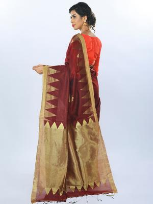 maroon cotton blend handloom saree with blouse - 17326723 - Standard Image - 2