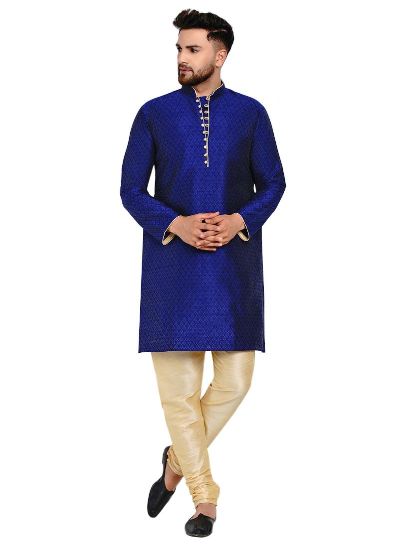 blue silk blend jacquard kurta pyjama set - 17332976 - Zoom Image - 1