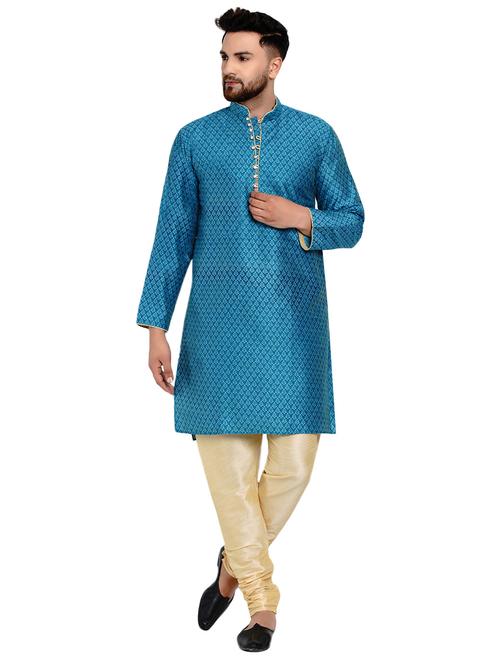 blue silk blend jacquard kurta pyjama set - 17332977 - Very Small Image - 1
