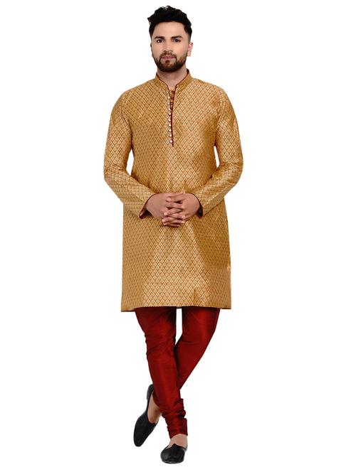 gold silk blend jacquard kurta pyjama set - 17332978 - Very Small Image - 1