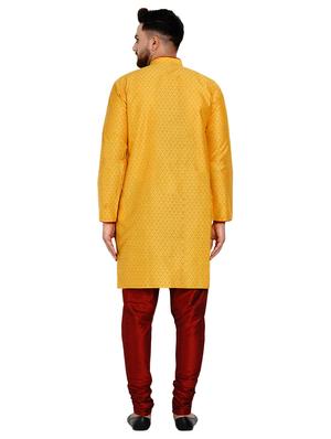 yellow silk blend jacquard kurta pyjama set - 17332979 - Standard Image - 3