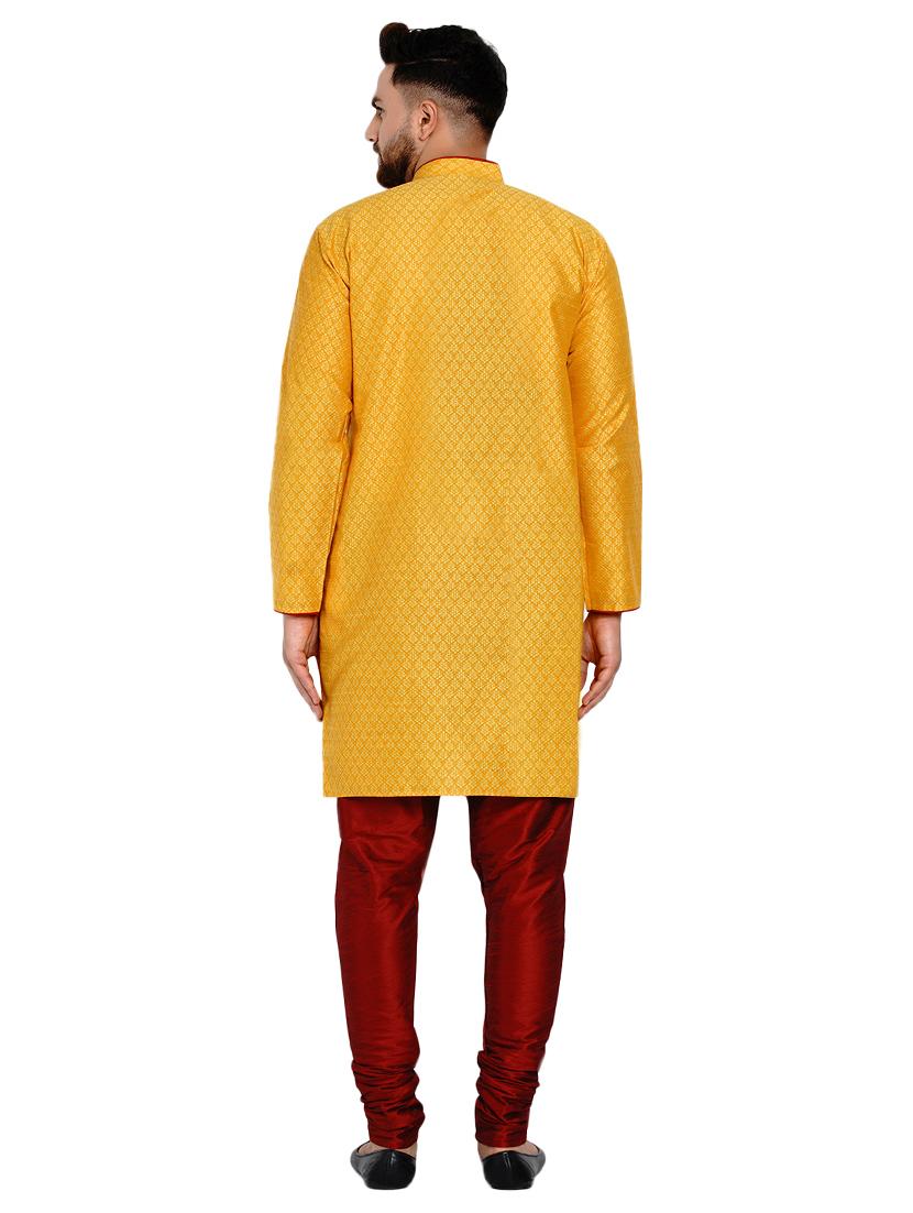 yellow silk blend jacquard kurta pyjama set - 17332979 - Zoom Image - 3