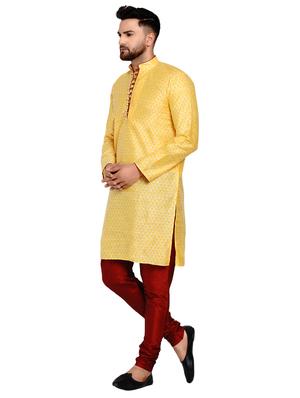 yellow silk blend jacquard kurta pyjama set - 17332981 - Standard Image - 2