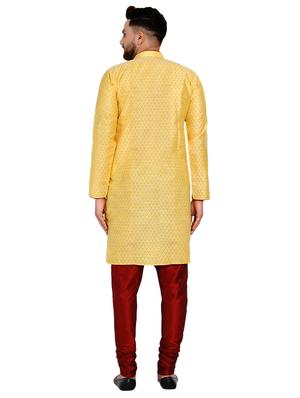 yellow silk blend jacquard kurta pyjama set - 17332981 - Standard Image - 3