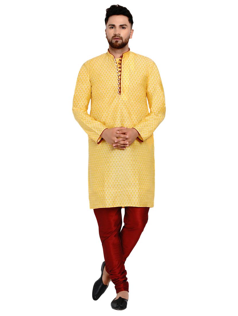 yellow silk blend jacquard kurta pyjama set - 17332981 - Zoom Image - 1