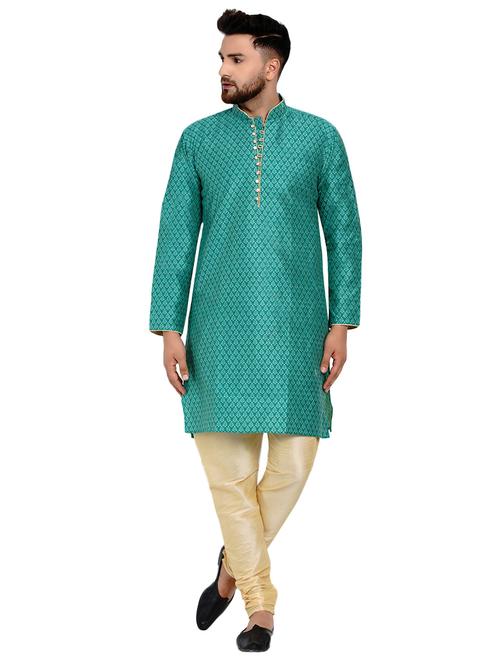 green silk blend jacquard kurta pyjama set - 17332984 - Standard Image - 1