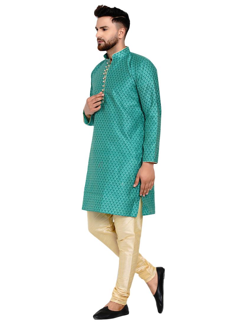 green silk blend jacquard kurta pyjama set - 17332984 - Zoom Image - 2