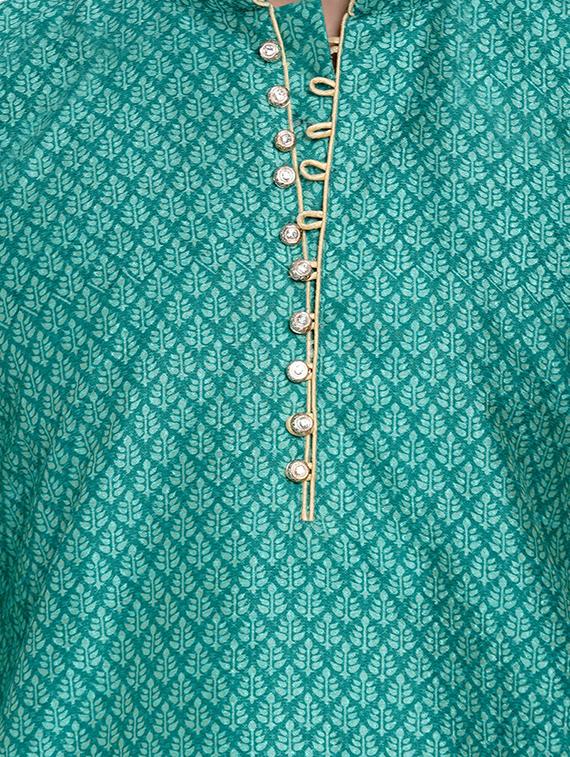 green silk blend jacquard kurta pyjama set - 17332984 - Zoom Image - 4