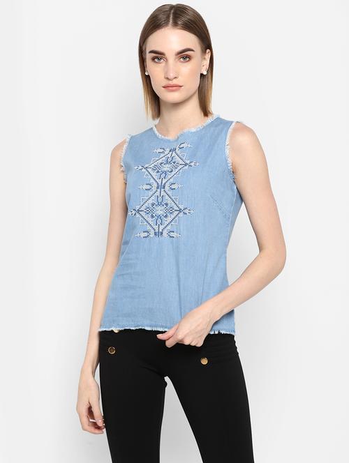 embroidered detail denim top - 17333038 - Standard Image - 1