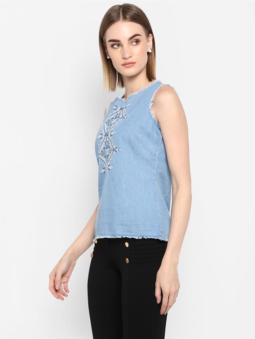 embroidered detail denim top - 17333038 - Zoom Image - 2