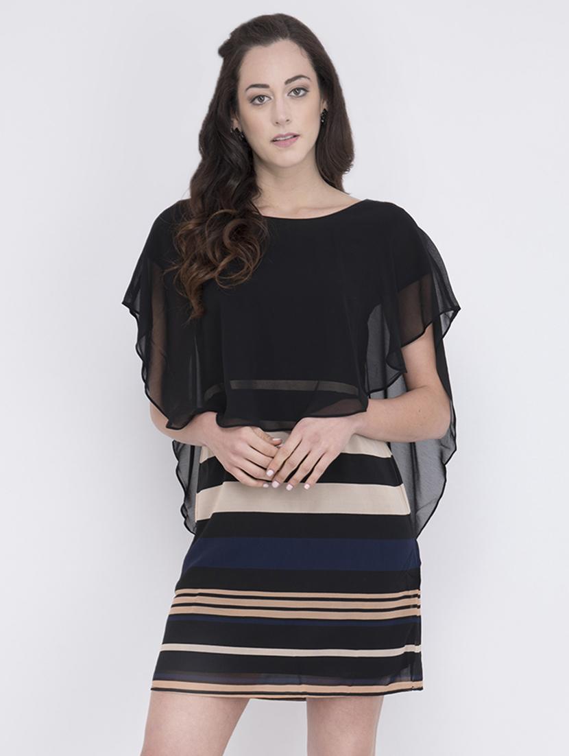 cape sleeved striped a-line dress - 17333355 - Zoom Image - 1