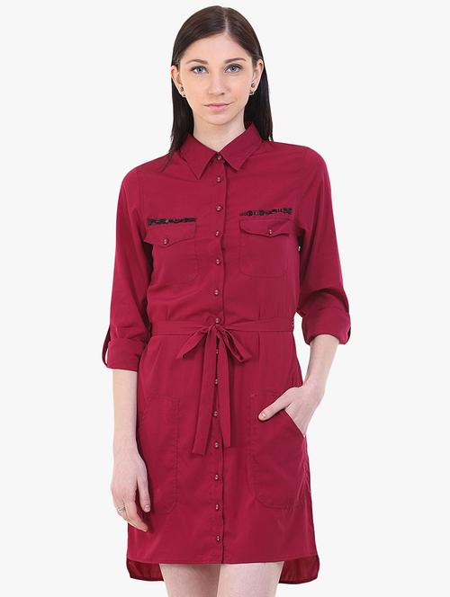 tie front solid shirt dress - 17333397 - Standard Image - 1