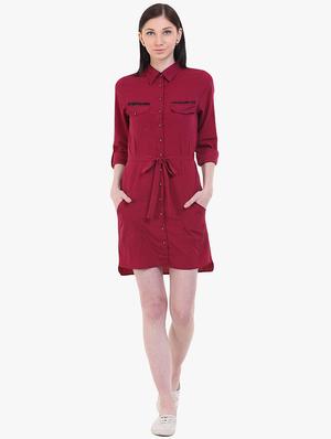 tie front solid shirt dress - 17333397 - Standard Image - 4