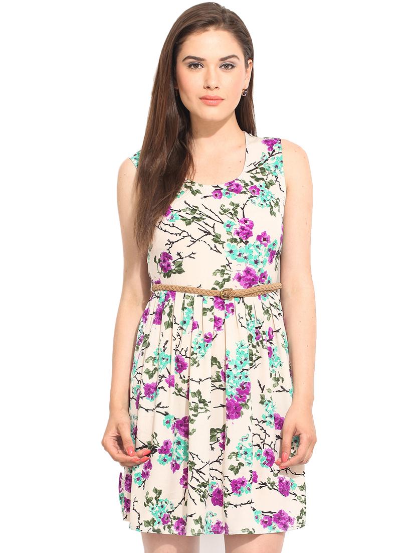 round neck floral belted a-line dress - 17333399 - Zoom Image - 1