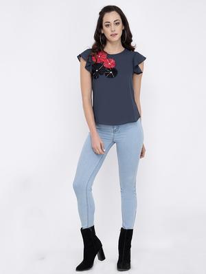 floral applique round neck top - 17333415 - Standard Image - 4