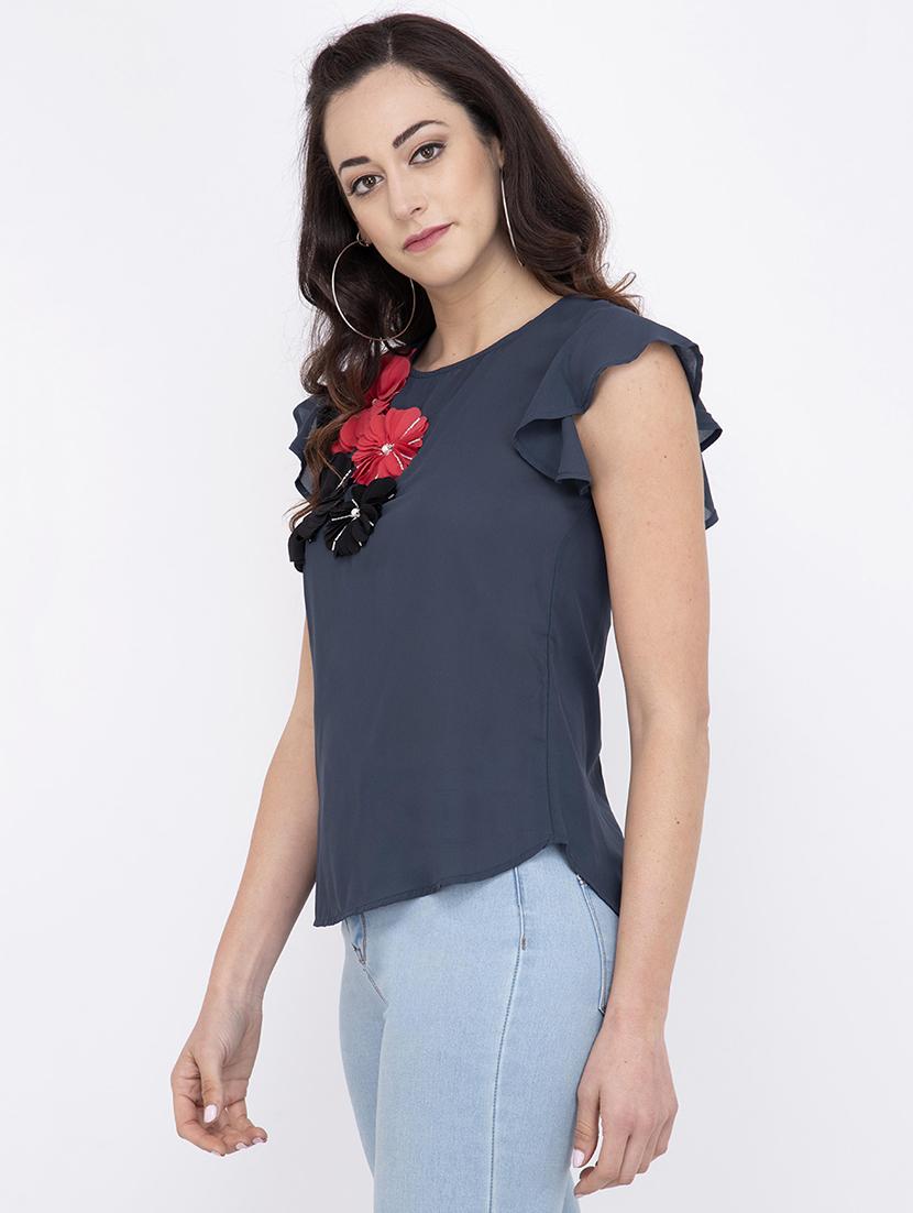floral applique round neck top - 17333415 - Zoom Image - 2