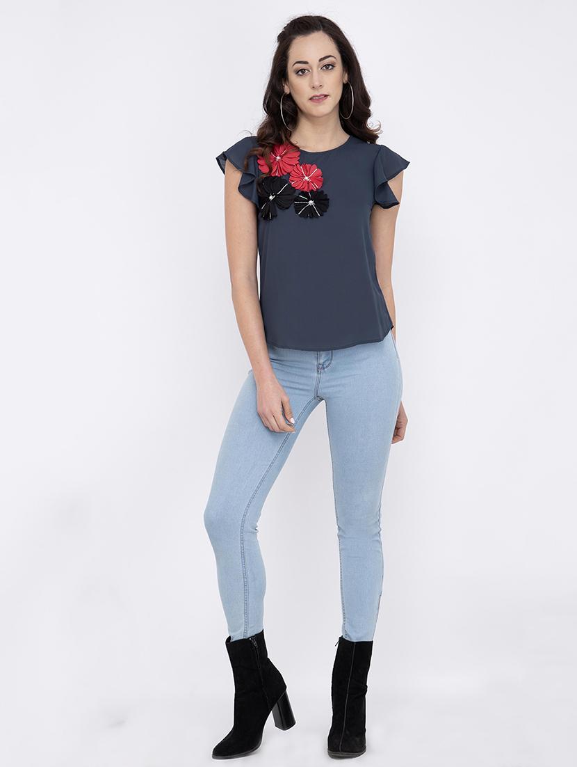 floral applique round neck top - 17333415 - Zoom Image - 4