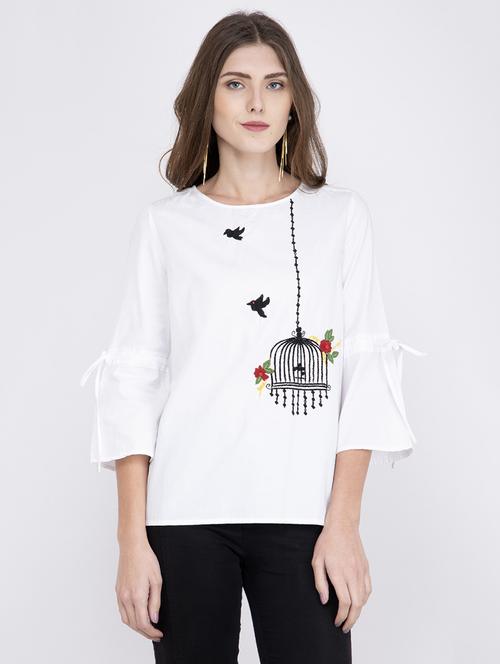 embroidered detail round neck top - 17333418 - Standard Image - 1