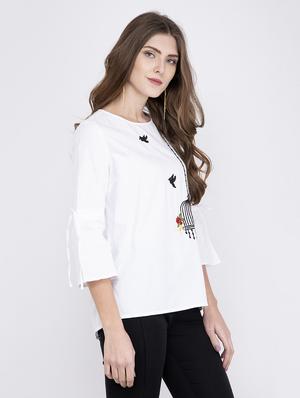 embroidered detail round neck top - 17333418 - Standard Image - 2