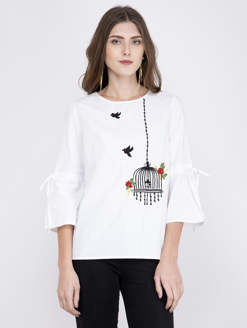embroidered detail round neck top - 17333418 - Zoom Image - 1
