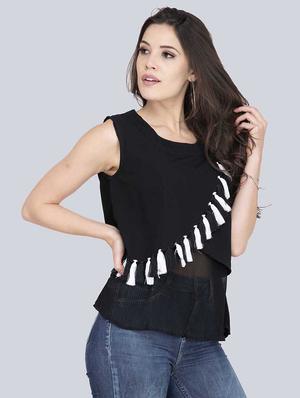 tassel embellished round neck top - 17333424 - Standard Image - 2