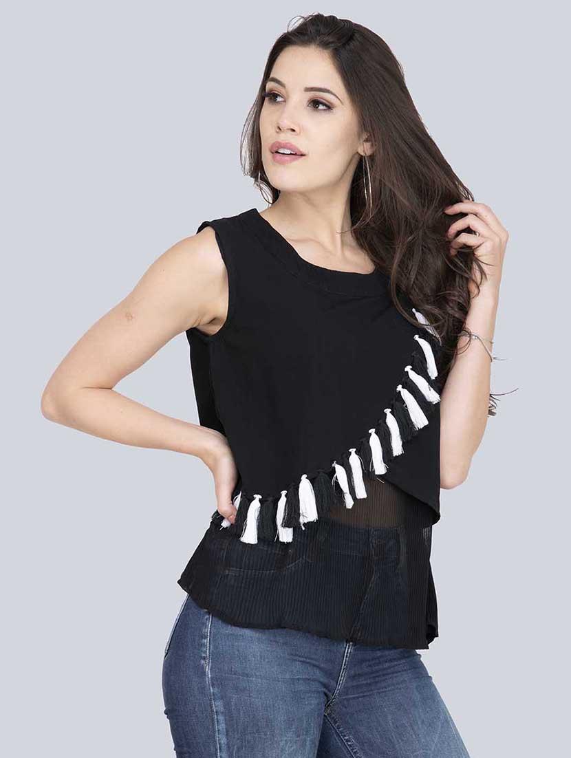 tassel embellished round neck top - 17333424 - Zoom Image - 2