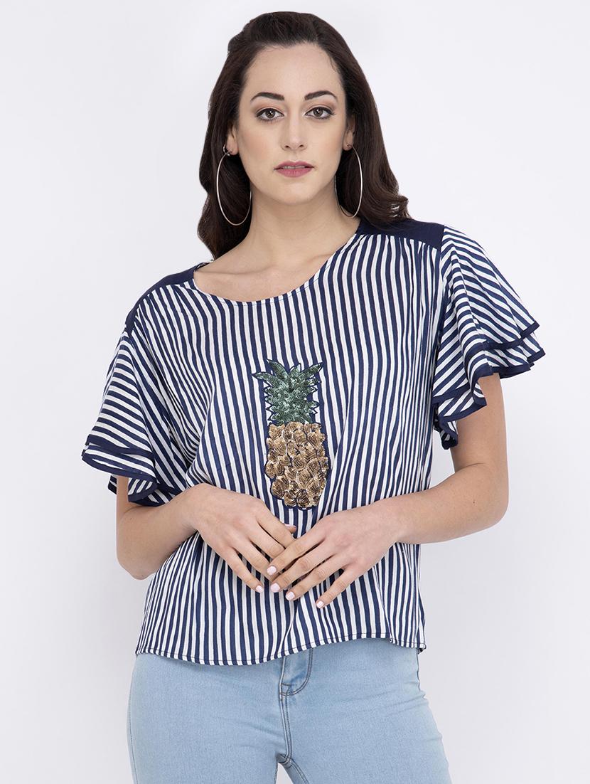 embroidered detail striped top - 17333469 - Zoom Image - 1