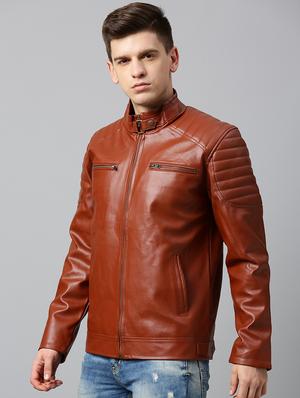 tan solid faux leather biker jacket - 17333840 - Standard Image - 2