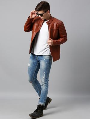 tan solid faux leather biker jacket - 17333840 - Standard Image - 4