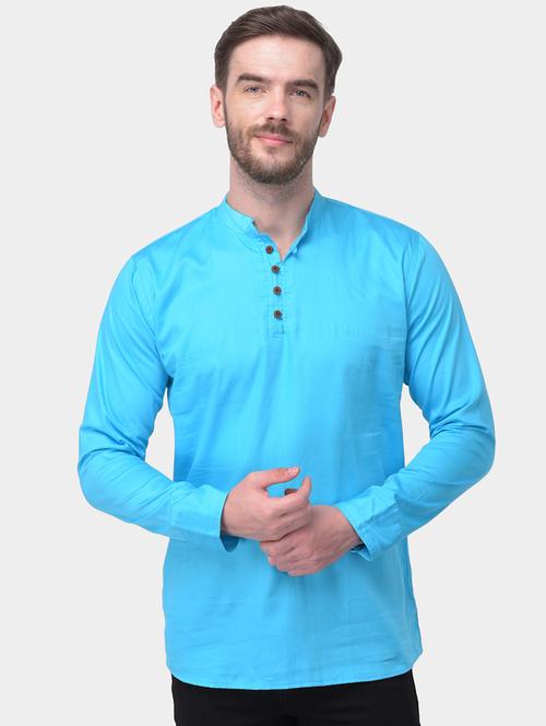 light blue solid dupion short kurta - 17334078 - Standard Image - 1