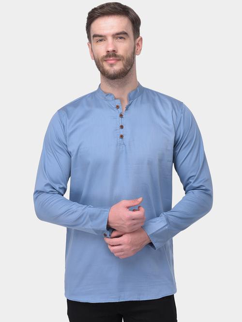 blue solid dupion short kurta - 17334080 - Standard Image - 1