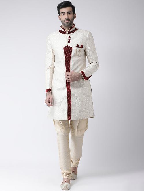 cream jacquard dupion sherwani set - 17335035 - Standard Image - 1