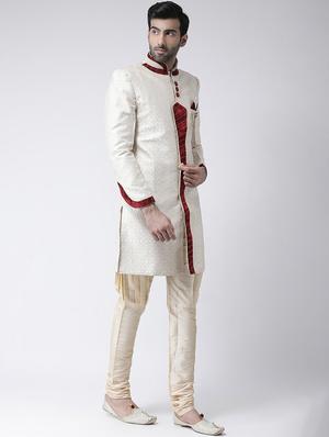 cream jacquard dupion sherwani set - 17335035 - Standard Image - 2