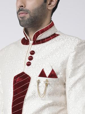cream jacquard dupion sherwani set - 17335035 - Standard Image - 4