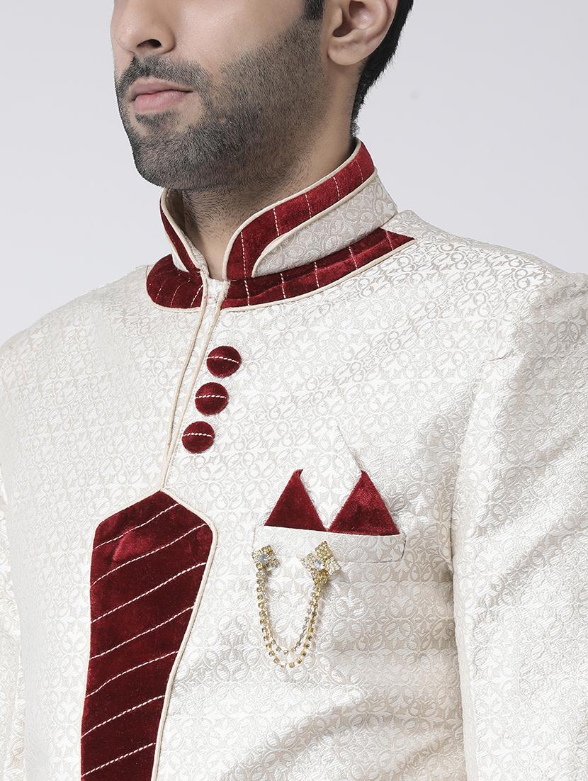 cream jacquard dupion sherwani set - 17335035 - Zoom Image - 4