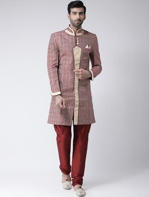 maroon jacquard dupion sherwani set - 17335036 - Standard Image - 1