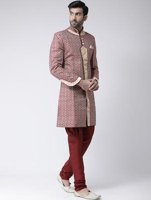 maroon jacquard dupion sherwani set - 17335036 - Standard Image - 2