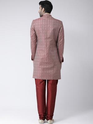 maroon jacquard dupion sherwani set - 17335036 - Standard Image - 3