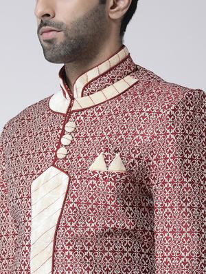maroon jacquard dupion sherwani set - 17335036 - Standard Image - 4
