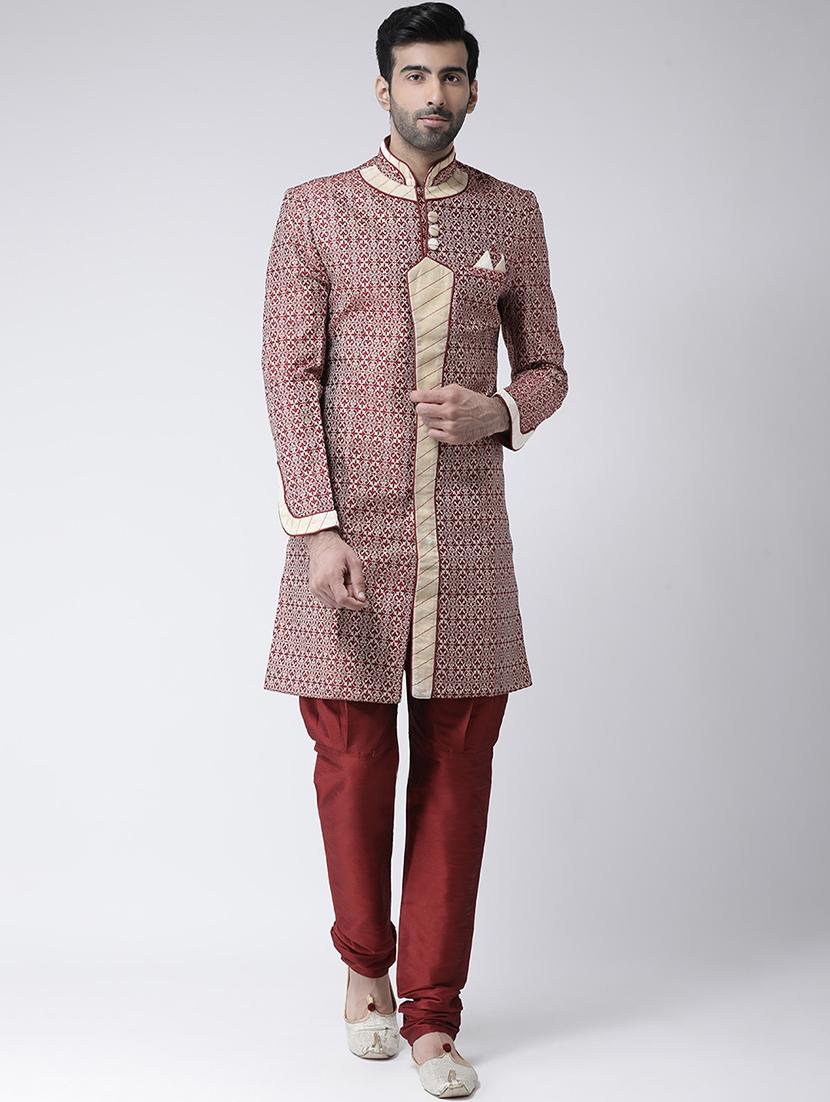 maroon jacquard dupion sherwani set - 17335036 - Zoom Image - 1