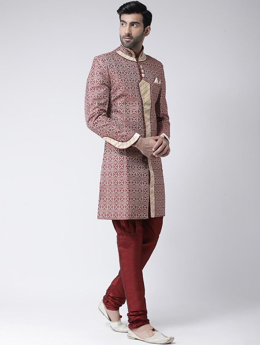 maroon jacquard dupion sherwani set - 17335036 - Zoom Image - 2