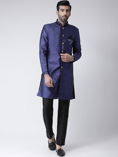navy blue solid sherwani set - 17335038 - Standard Image - 1