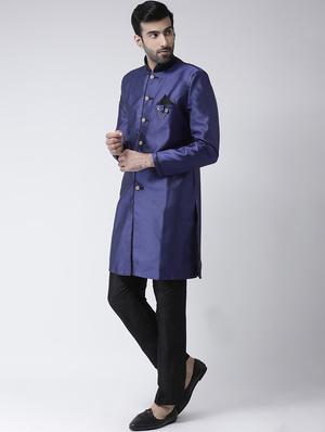 navy blue solid sherwani set - 17335038 - Standard Image - 2