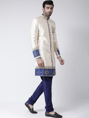cream jacquard dupion sherwani set - 17335040 - Standard Image - 2