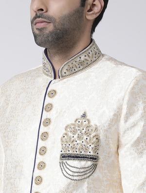 cream jacquard dupion sherwani set - 17335040 - Standard Image - 4