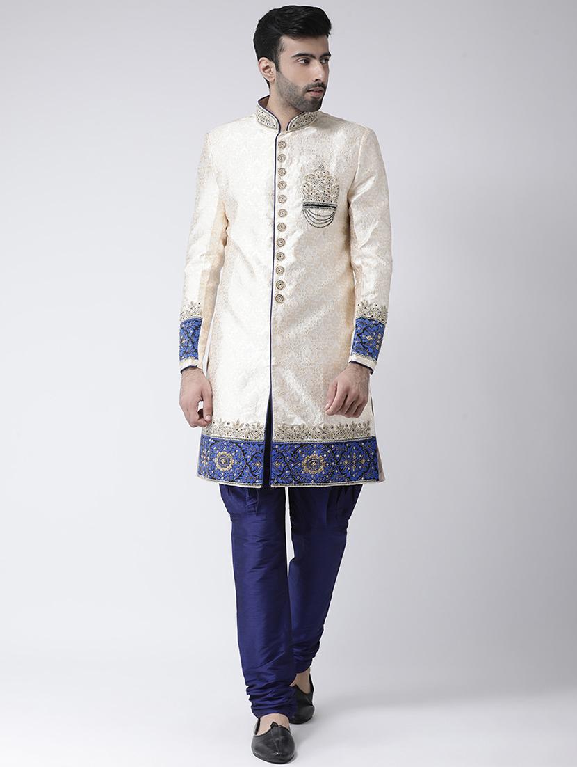 cream jacquard dupion sherwani set - 17335040 - Zoom Image - 1