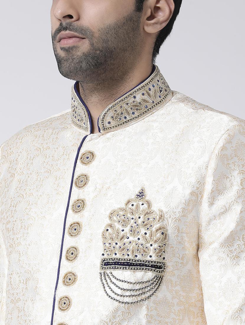 cream jacquard dupion sherwani set - 17335040 - Zoom Image - 4