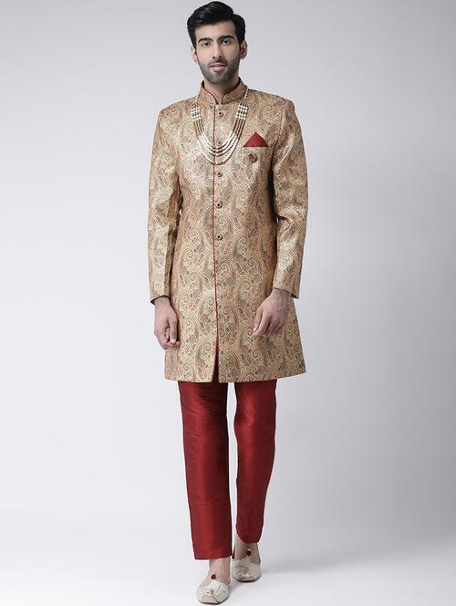 gold jacquard sherwani set - 17335042 - Standard Image - 1